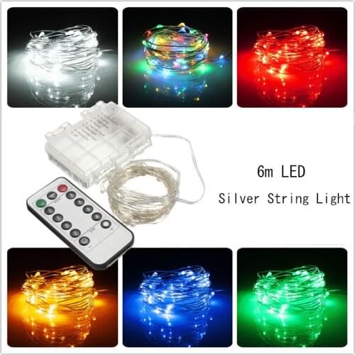 6M 60LED String Light Battery Operated Silver Wire LED Fairy Light With Remote Control Wedding Christmas Garden Decor Waterproof