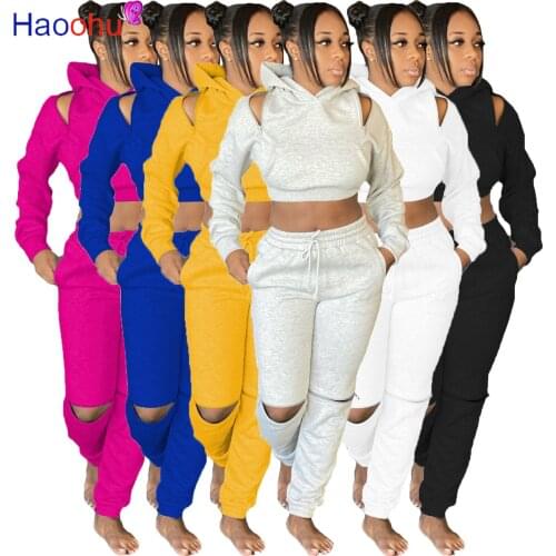 HAOOHU Zipper Shoulder Long Sleeve Hooded Cropped Sweatshirt +drawstring Hole Jogger Sweatpant Lounge Wear Women Sport Tracksuit