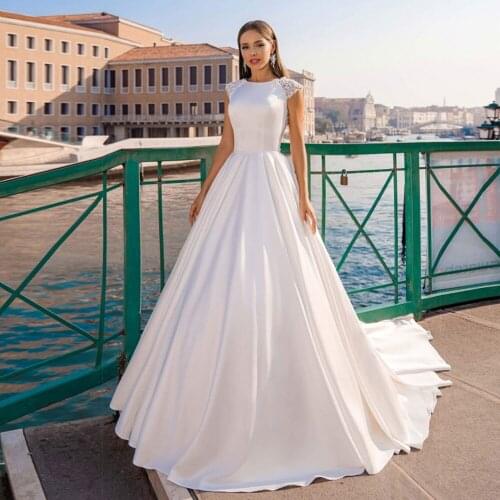 Graceful Satin Wedding Dresses Scoop neck Lace Buttons Back Court Train Boho Bridal Gowns with Cap Sleeves 2021