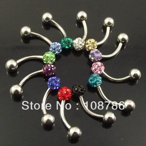 48pcs 16G Free shipping Wholesale fashion colorful Barbell Eyebrow Rings Full Crystal Ball Eye Rings Body Piercing Jewelry