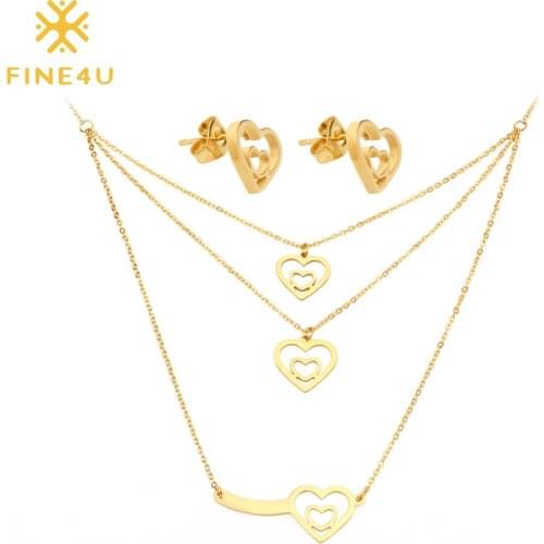 FINE4U N159 Luxury Multi-layer Love Heart Necklace Earrings Sets Stainless Steel Women Wedding Bridal Jewelry Set
