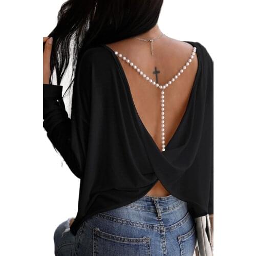 Sexy mesh crop top Summer Women Casual Tank Top Vest Blouse Long Sleeves Womens Black Plunging Back Pearl Detailed Blouse