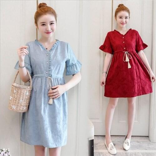 Summer pregnant women nursing dress cotton short sleeve V neck cloth Cute Korean breastfeeding dress maternity pregnant dress