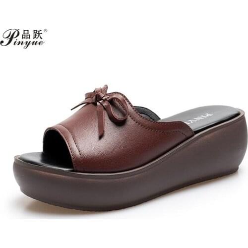 Ladies Summer Slippers Shoes Women Wedges Heels Fashion Summer Genuine Leather Shoes Platform size 35--41