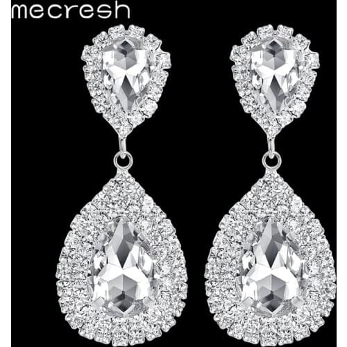 Mecresh Silver Color Big Crystal Bridal Wedding Drop Earrings for Women Large Teardrop Dangle Earrings Party Prom Jewelry EH003