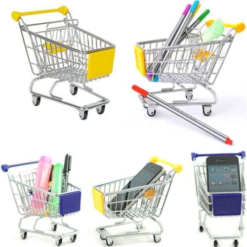 Mini supermarket Handcart shopping trolleys model Phone pen Desktop Storage finishing Green organizer Holder Baby Toy