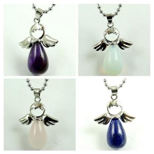 Natural Stone Quartz Crystal lapis Opalite Pendants Angel Wings Fairy Water Drop Shape charm Necklace Jewelry free shipping 1PC