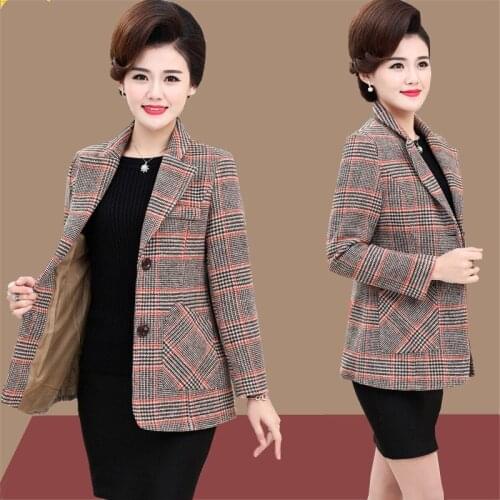 New 2020 Spring Autumn Coat Middle-aged Womens Plaid Jacket Suit Collar Plus Size 5XL Fashion Lattice Outerwear Short Tops K3