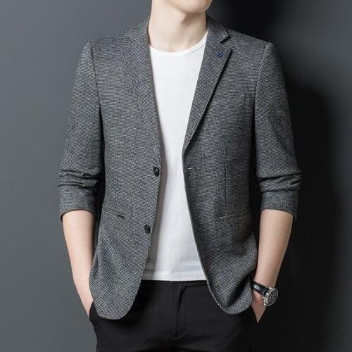 2022 Mens Autumn New Fine Plaid Stretch Non-Ironing Leisure blazer Mens Slim Double Buckle blazers