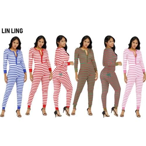 LINLING New Fashion Leisure Overall Stripe Embroidered Christmas Single Breasted Full Sleeve Tight-Fitting Legged Jumpsuits