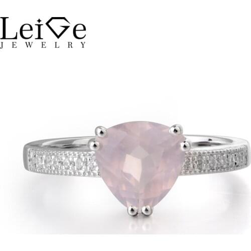 Leige Jewelry Natural Pink Quartz Gemstone Trillion Shape Wedding Rings For Woman 925 Sterling Silver Classic Rings