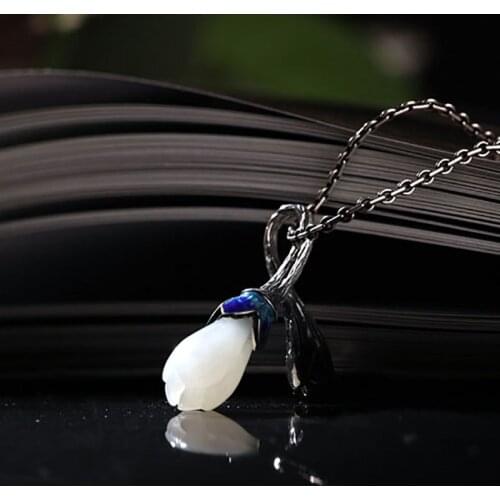 Original 100% 925 Sterling Silver HETIAN jade Pendant Necklace Lotus Pendant Necklace Jewelry Wedding Necklace for lady