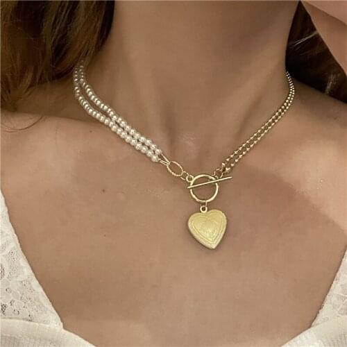 Origin Summer French Beaded Imitation Pearl Gold Love Heart Asymmetric Pendant Necklace for Women Toggle Clasp Necklace Jewelry