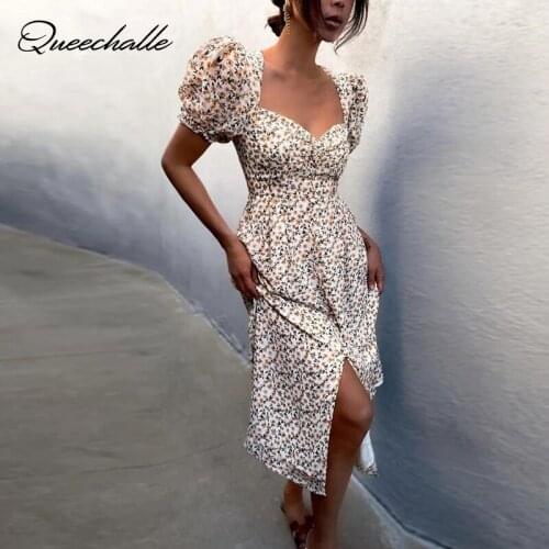 Puff Sleeve Midi Dress French Romance Retro Dress Women Summer Vintage V Neck Floral Print Sundress Sexy Slit Party Dresses Wine