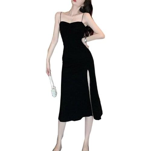 Summer Women Spaghetti Strap Dress Autumn Sexy Split Solid Slim Lady Ankle Length Vintage Wear Dress 2021New A5