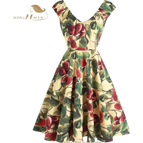 SISHION Floral Print V Neck Sexy Women Summer Dress vestidos VD1913 Short Sleeve Swing Plus Size 50s 60s Retro Vintage Dresses