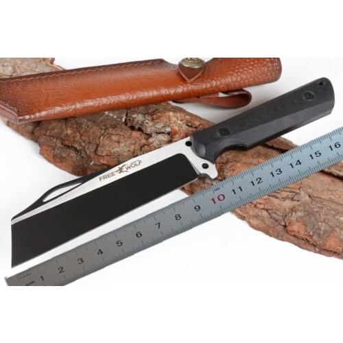 Free Wolf Fixed Blade Straight Knife 9Cr18 Titanium Finish Tanto Blade CNC Full Tang G10 Handle With Leather Sheath H1203