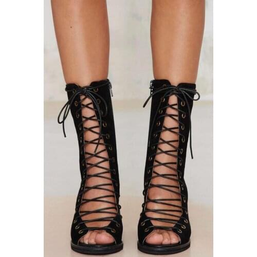 Designer open toe gladiator high heel women ankle boots fashion lace-up chunky heel sandal boots motorcycle women boots