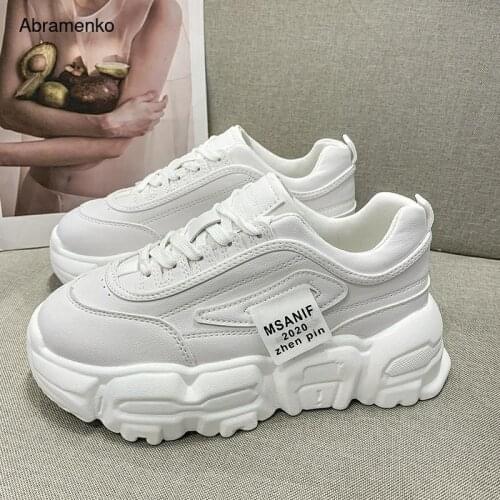 2020 Women Chunky Sneakers Korean Fashion White Pink Lace Up Platform Vulcanized Shoes Female Walking Comfortable Trainers Shoes