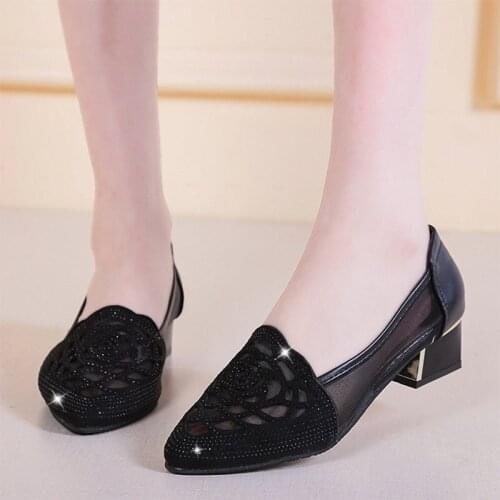 Big Size 42 Women Pumps Mesh Boat Shoes Medium Heels Dress Shoes Woman Sandals Pointed Toe Hollow Out Pump zapatos mujer 8067L