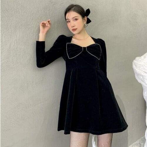 Female 2021 Spring Autumn Black Velvet Long Sleeve Dress 2021 High Waist Temperament Bow Dress Chic Mini Dress Women
