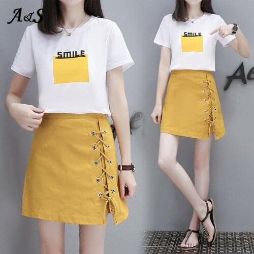 Anbenser Women Summer Fashion Mini Skirt 2 Piece Suit Short Sleeve O-Neck T-Shirt & Hollow Out Lace Skirt Suits Skirts Sets