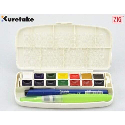 ZIG Kuretake Transparent Watercolor Paints Set 14 Colors with Water Brush Japan