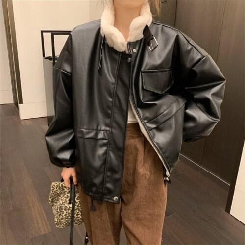 Winter Women PU Leather Stand Neck Thicked Jacket Female Vintage Loose Oversize Outwear Clothes Lady Steetwear Korean Style Coat