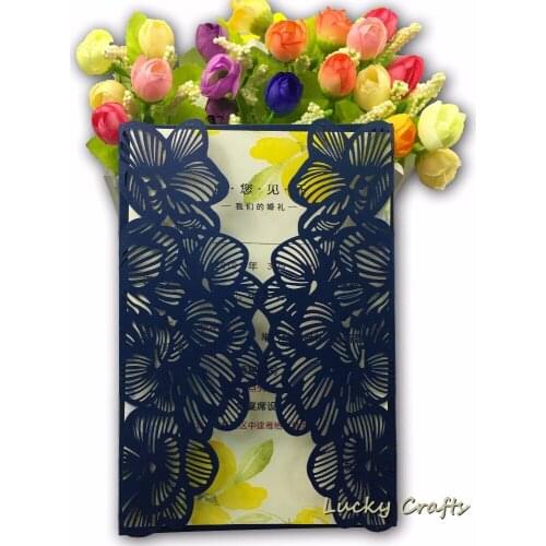 1pcs sample hollow Laser Cut dark navy blue wedding invitation cards with Embossed Flower,Wholesale greeting pocket invite cover