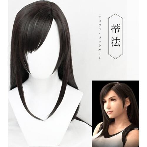 39 inches 100cm Long Tifa Lockhart Black Straight Wig Side Parting Styled Synthetic Hair Cosplay Party Halloween Wigs + Wig CAP