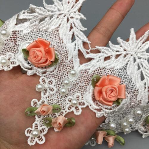 5x Rose Flower Pearl Beads 3D Embroidered Lace Trim Ribbon Fabric Net Handmade Sewing Supplies Craft For Costume Decoration