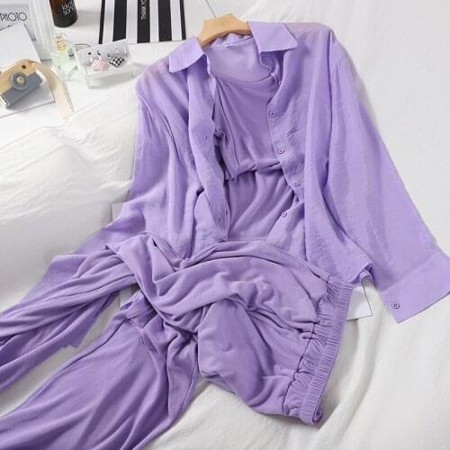Abrini 2021 Summer Purple Sets Chiffon Shirts Camisole And Pants For Women Three-Piece Sets Casual Versatile Sets Loose Suits