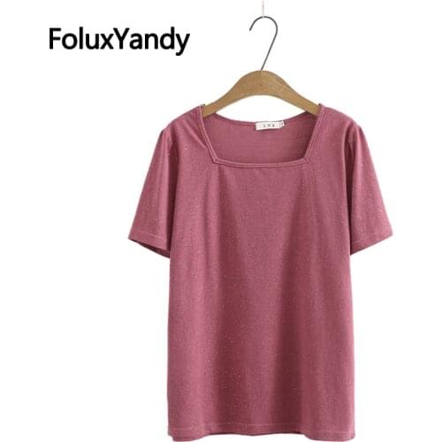 Shinny Sequins Tops Plus Size Women Short Sleeve T-Shirt XXXL 4XL Square Collar Thin Summer Tops KKFY5478