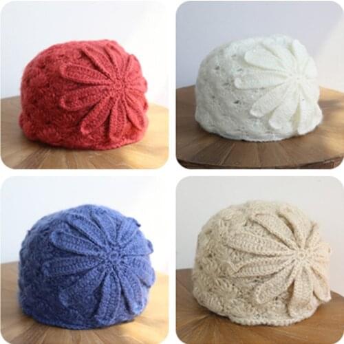 Women Girl Beret Hat Warm Wool Winter handmade knitted woolen cap womens autumn and winter retro elegant flower Beanie warm cap