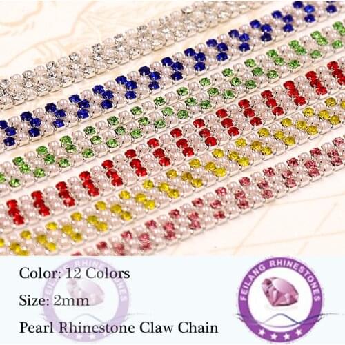 Feilang 2yards/bag Silver/Gold Base 2mm Pearl Rhinestone Claw Chain Glass+Resin Material Rhinestone Chain DIY Clothes Accessorie
