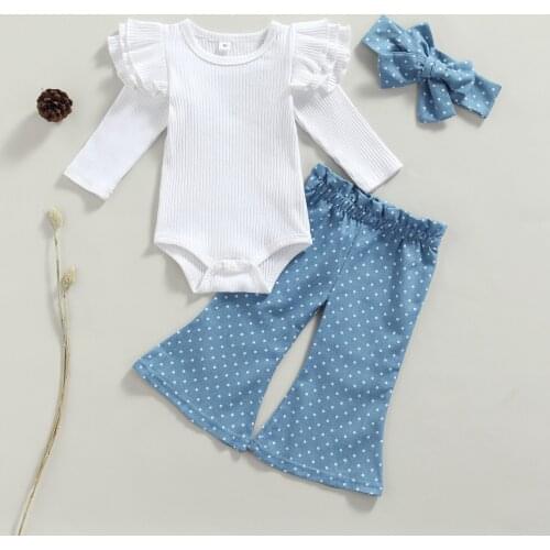 FOCUSNORM 3Pcs Newborn Baby Girls Clothes Sets Ribbed Fly Sleeve Solid Knit Romper + Dot Print Flared Pants + Bowknot Headband