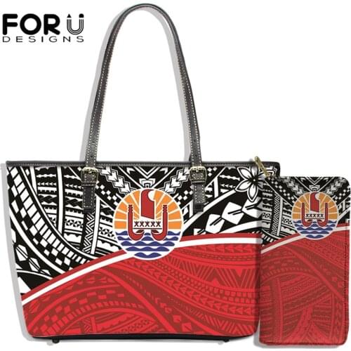 FORUDESIGNS New Arrival Women PU Leather Shoulder Bag And Wallets 2PCS Polynesian Tribe And Fiji Print Lady Totes Large Capacity