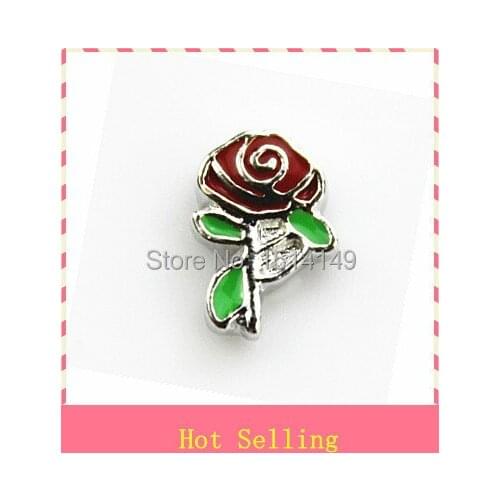 Hot selling silver red rose flower floating charms living glass floating memory locket