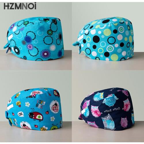2021 Cotton Cartoon Print Breathable Pet Hospital Surgeon Dental Oral Beauty Salon Chef Female Medical Nurse Cap Scrub Cap