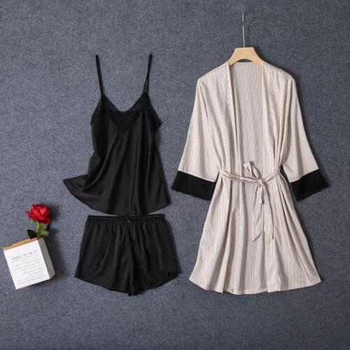 Ice Silk Pyjamas Sets 3PCS Summer Women Waistband Robe Suit Sexy Lace Satin Kimono Gown V-Neck Thin Striped Sleepwear Loungewear