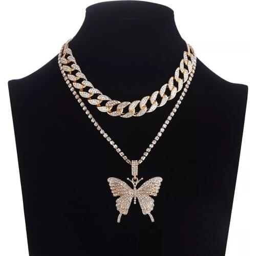 Iced Out Butterfly Pendant Miami Cuban Necklace For Women Stainless Steel Choker Chain Hip Hop Jewelry 2021 Trend Friends Gift