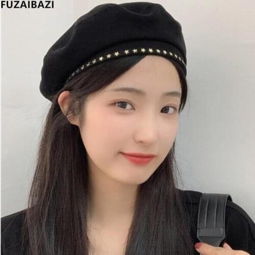 FUZAIBAZI 2021New Metal Star Berets Female Spring Summer Thin Section Breathable Painter Temperament Grace Octagonal Hat Gorra