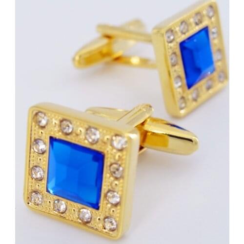 New Design Factory Price Retail Mens Cufflinks Copper Material Golden Color Blue Crystal Design Cuff Links Free Shipping