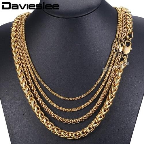 Davieslee Necklace for Men Chain Braided Wheat Link Stainless Steel Gold Tone 3-9.5mm LKNM161