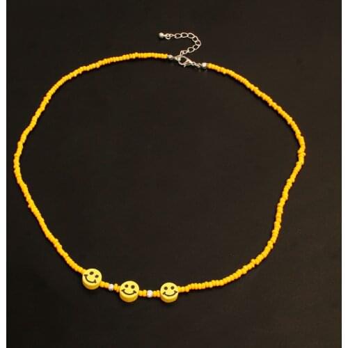 PZMYCS korean cartoon smiling face initial necklace women handmade yellow color beads statement necklace jewelry gift for women