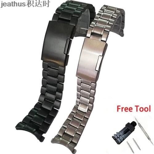 Jeathus watchband arc edge steel strap arc mouth black steel bracelet metal band 18 20 22 24mm watch band for casio seiko ect