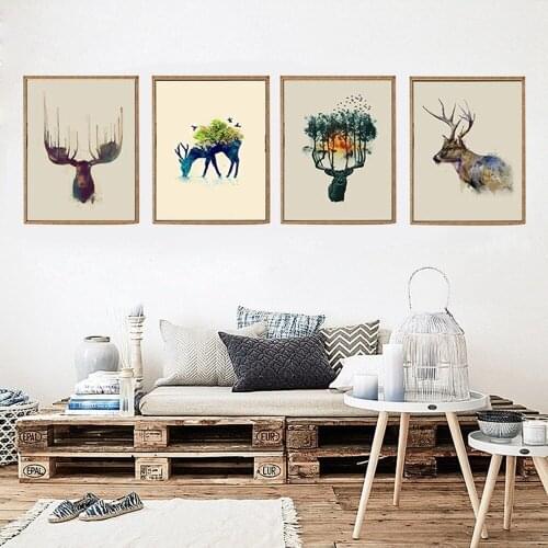 Nordic Abstract Animal Print Canvas Painting Creative Elk Forest Landscape Poster Living Room Bedroom Wall Aesthetic Art Decor