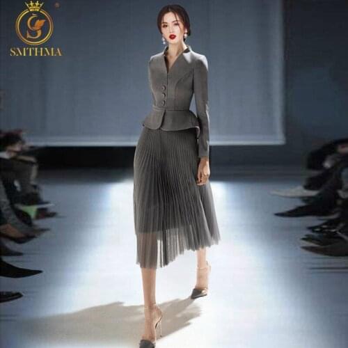 SMTHMA New Autumn And Winter Vintage Ladies Temperament Mesh Patchwork Two Pieces Set OL High Waist Work Skirt Suit