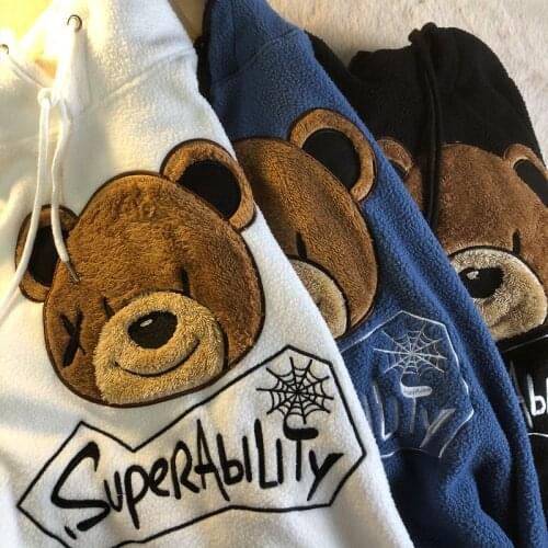 Velvet Thick Woolen Hoodie Women Autumn Winter Warm Sweatshirt Embroidery Bear Vintage Coat Loose Oversized Hoodies Teens Girls