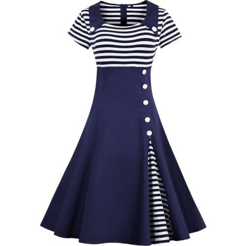 Vintage Women Dress Plus Size Casual Summer Women Elegant Midi Dress Sexy Striped A-line Vestidos Short Sleeve Party Dress Robe